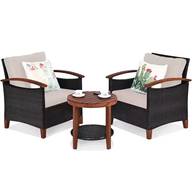 Costway 3PCS Patio Rattan Furniture Set Wooden Frame Cushion Table Shelf Red\Beige\Blue
