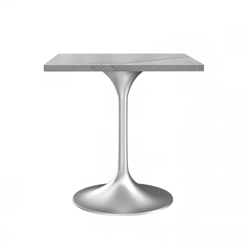 LeisureMod Verve Square Dining Table with White Marbleized Resin Top and Modern Brushed Steel Base for Kitchen