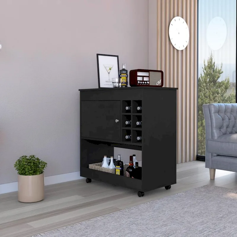 Bar Cart Aloha, Lower Panel, Six Bottle Cubbies, One Cabinet for Kitchen, Party and Living Room