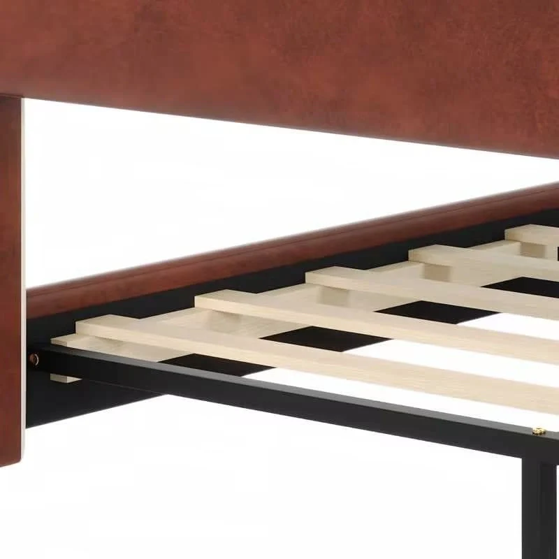 Leather Upholstered Bed with Headboard & Footboard, Solid Wood Slats & Legs
