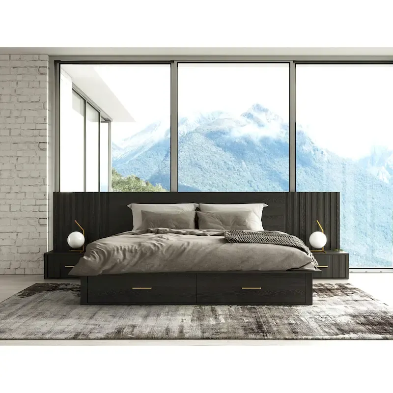 Modrest Manchester Contemporary Platform Dark Grey Bed with Two Nightstands