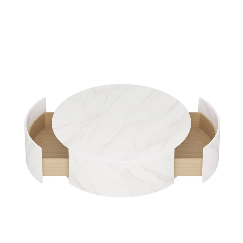 Modern Round Coffee Table with 2 Drawers, Sintered Stone Tabletop and Golden Base