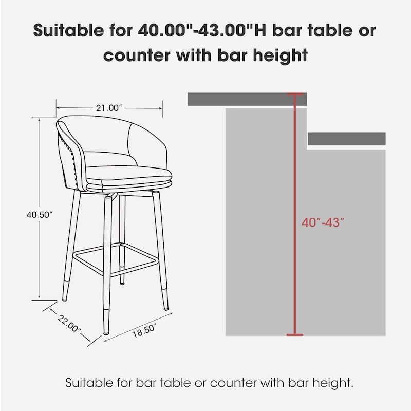 Glitzhome Set of 2 Mid-Century Modern 40.5H Faux Leather Bar Stools with Nailhead Trim