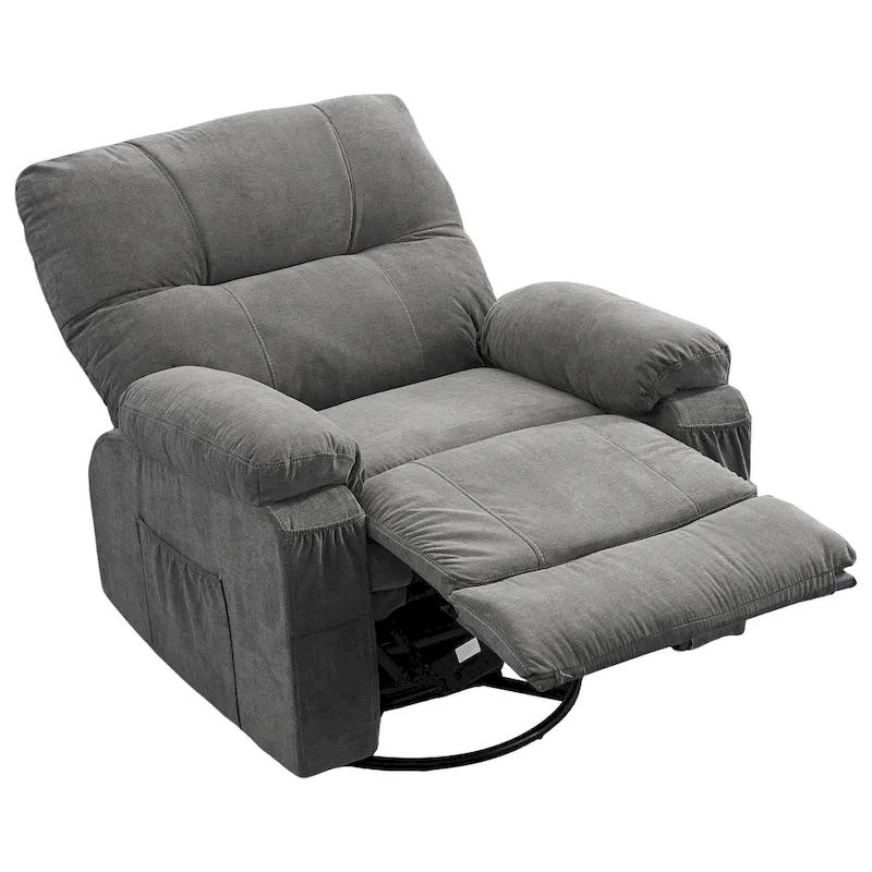 360 Swivel Manual Recliner Single Sofa Chair Fabric Lounge Chair with Pull Out Footrest and Side Pockets