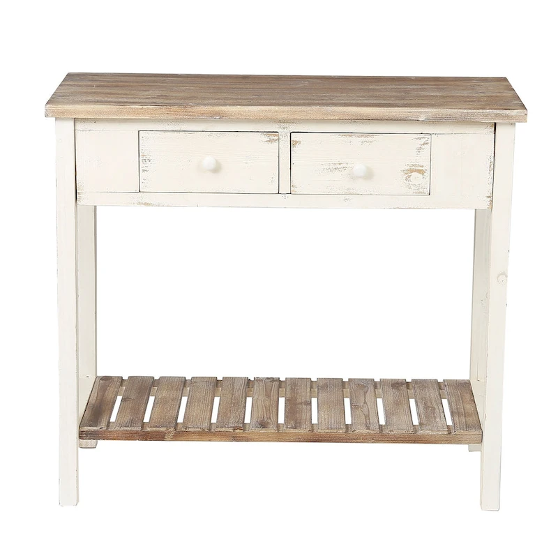 Distressed White and Brown Wood 2-drawer Console Table - 31.5H x 35.4 W x 15.55 D
