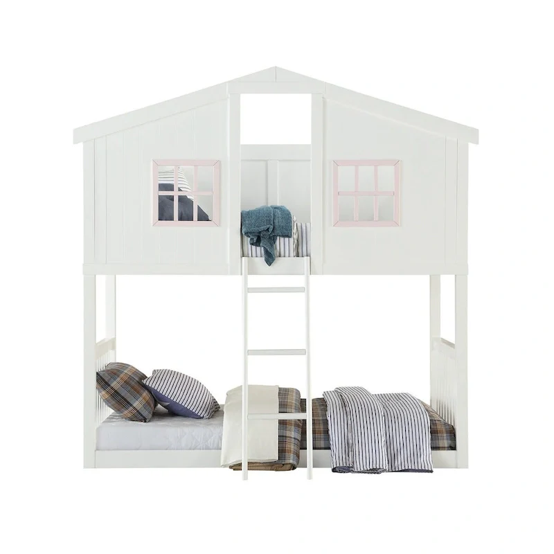 White House-Shape Twin Over Twin Bunk Bed with Ladder, 2-Sleeper