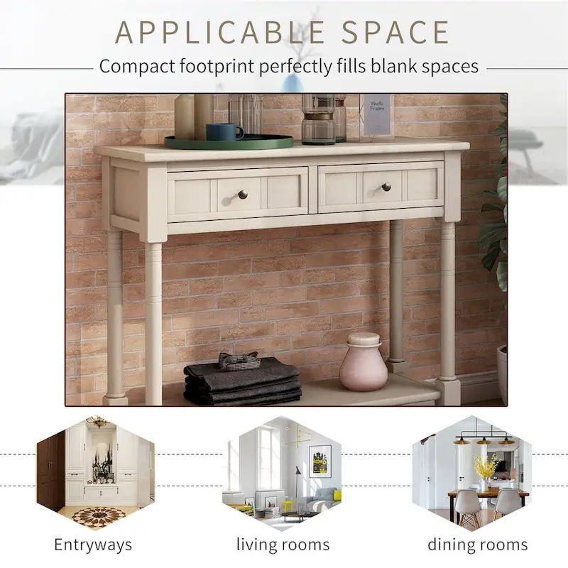 Console Table with 2 Drawers and Bottom Shelf - Solid Pine Wood