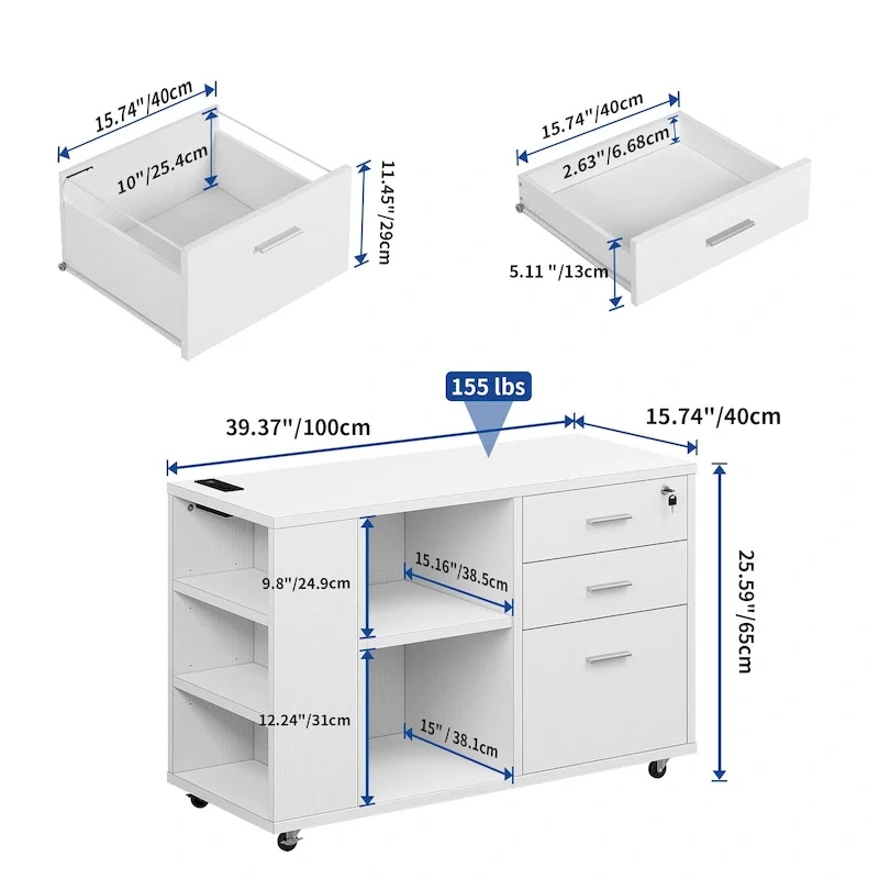 Brown Mobile Wood Lateral File Cabinet with Charging Station & Lock