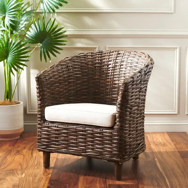 Rattan Barrel Chair with Cushion, 29W x 27D x 33H