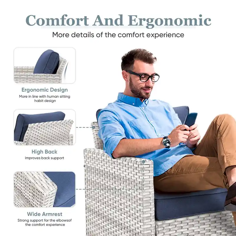 PE Rattan Rocking Chair, Side Table with Glass Tabletop - Light Grey