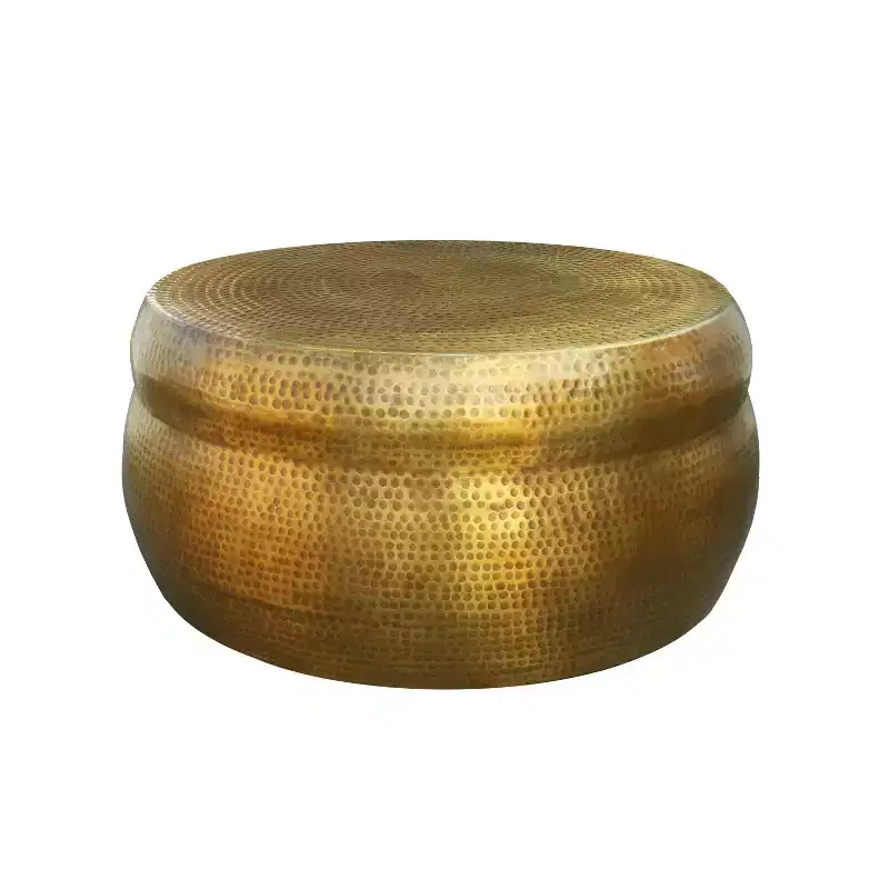 The Urban Port 32" Artisanal Round Drum Coffee Table Hammered Embossed Texturing Aluminum Antique Brass