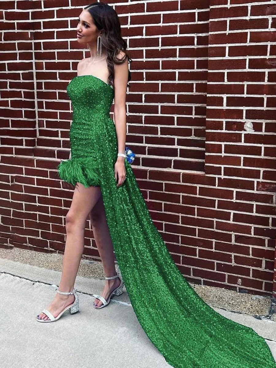 Green - Strapless Bodycon Sequins Homecoming Dresses With Feather