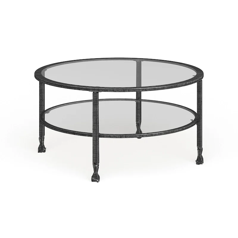 Glenn Distressed Black Metal Round Coffee Table with Glass Top and Shelf