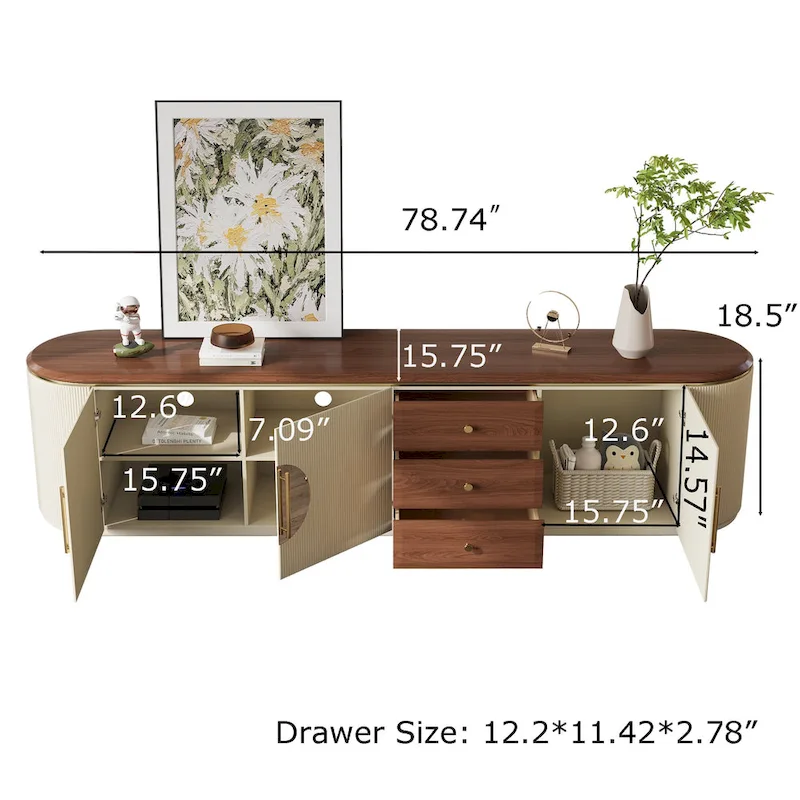 78.74  Mid-Century TV Stands, Brown Solid Wood Veneer, Media Console With 5 Cabinets,3 Drawers, Beige,Fully Assembled - 78.74