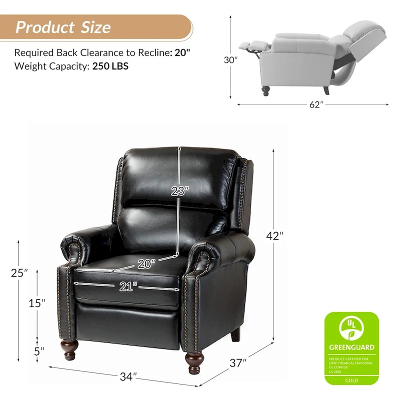 Gabriela Mid-Century Modern Genuine Leather Recliner Nail Head Trim Set of 2 by HULALA HOME