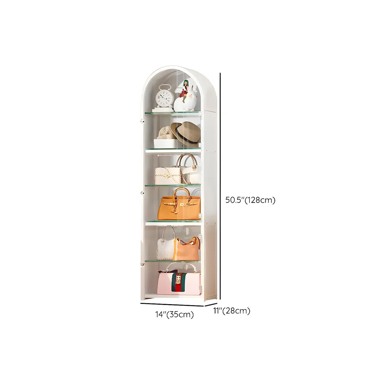 Adjustable Steel Arch Glass Shelf Display Cabinet with Light