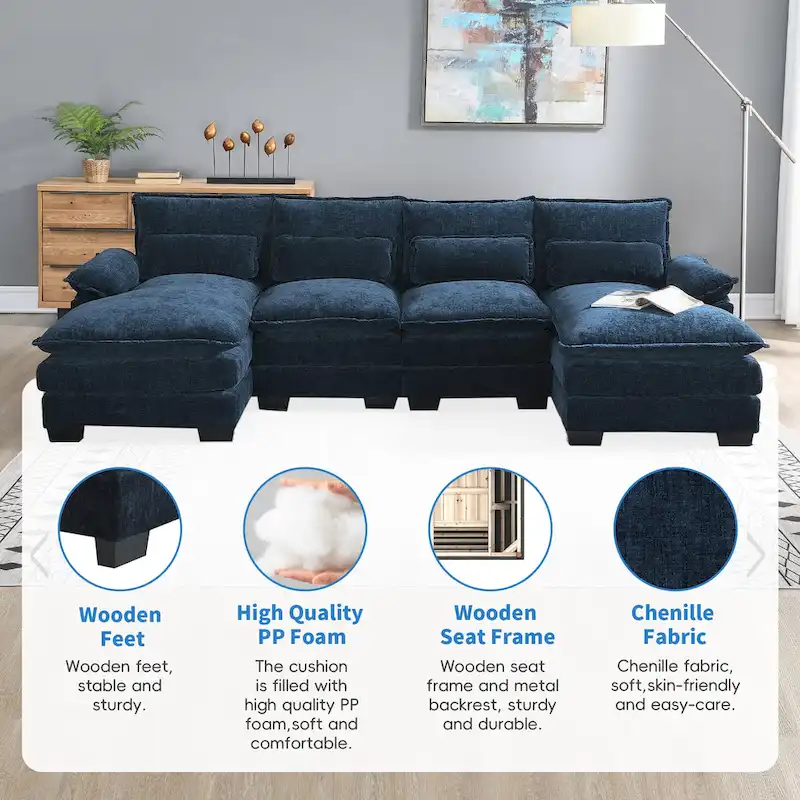 Blue Chenille 6-Seat Modular U-Shaped Sleeper Sectional Sofa with Chaise
