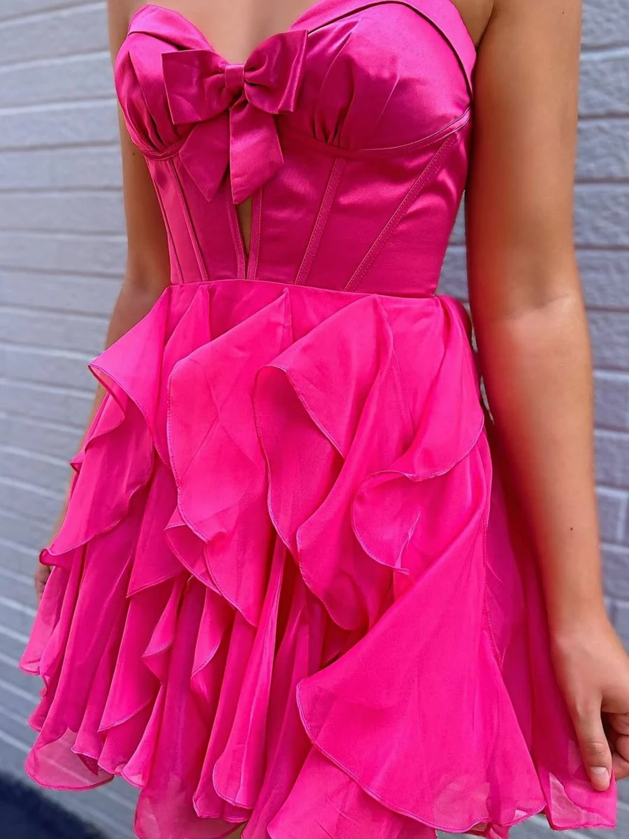 Fuchsia - Strapless A Line Chiffon Ruffled Homecoming Dress With Bow