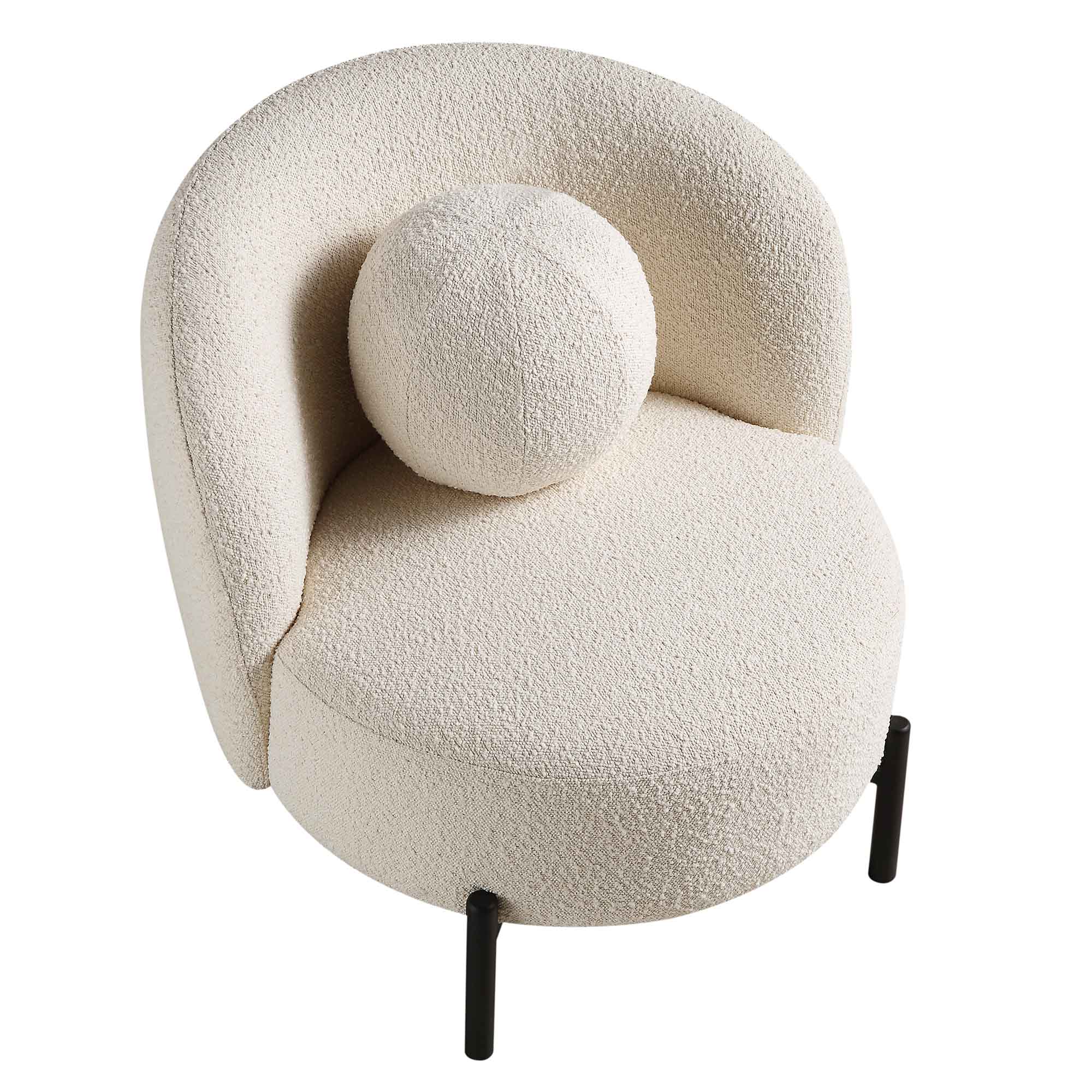 Armchair with Ball Cushion, Ecru Boucle