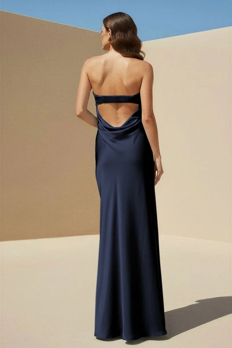 Sky Blue Strapless Sheath Satin Pleated Open Back Long Prom Dresses