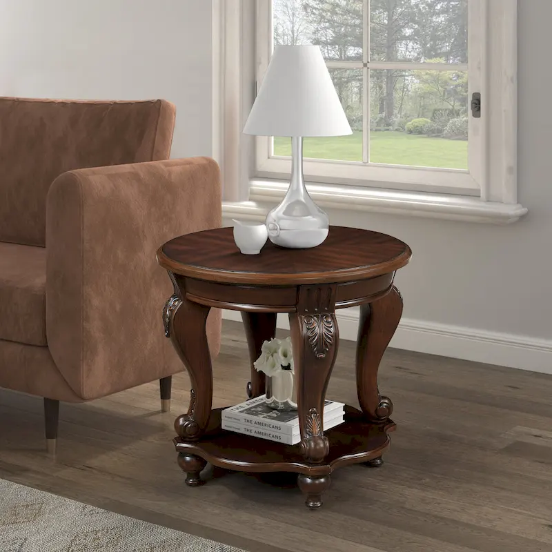 Round End Table with Lower Shelf and Cabriole Legs