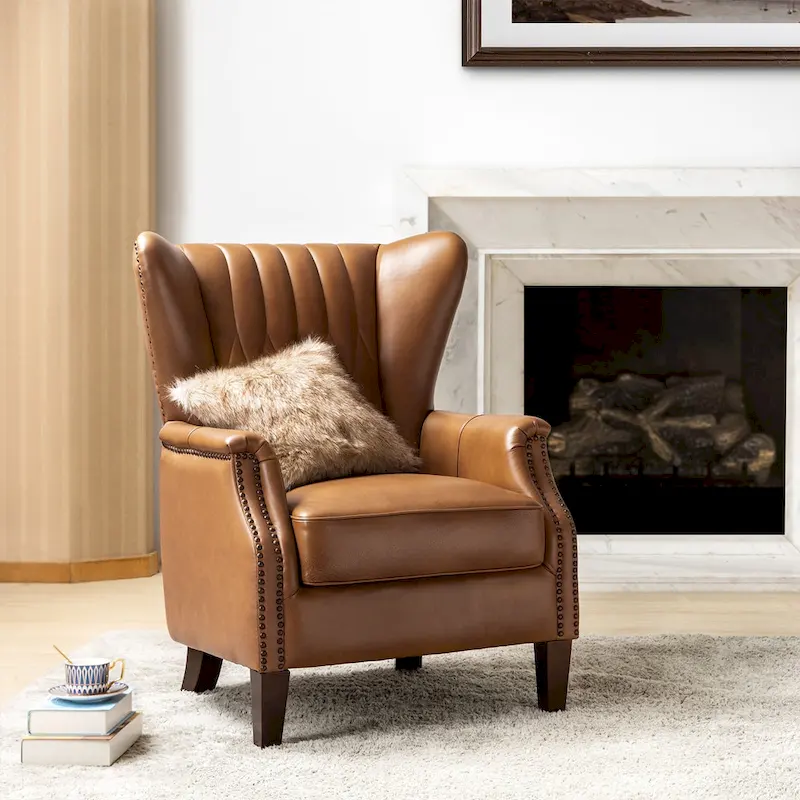 Traditional Wingback Genuine Leather Armchair, Single Seat – Brown / Camel / Navy / Burgundy