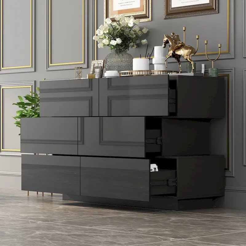 White/Black High Gloss 6-Drawer Dresser with Offset Design