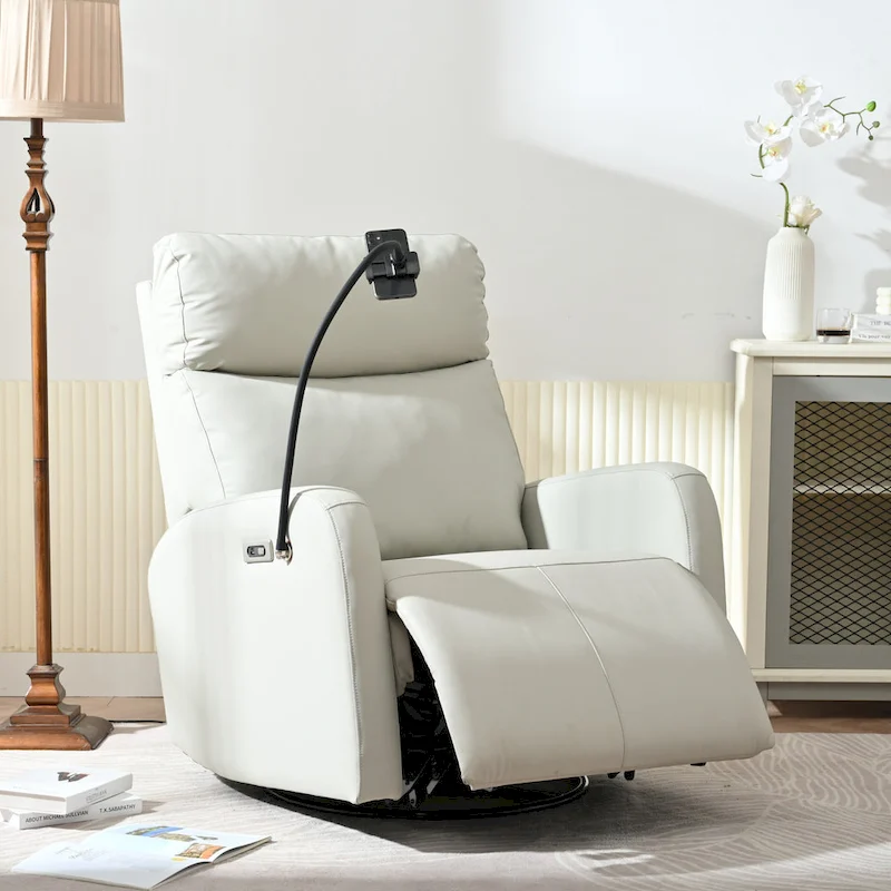 270 Degree Power Swivel Rocker Recliner Chair with USB Ports,Electric Glider Reclining Sofa,Leather Home Theater Seating