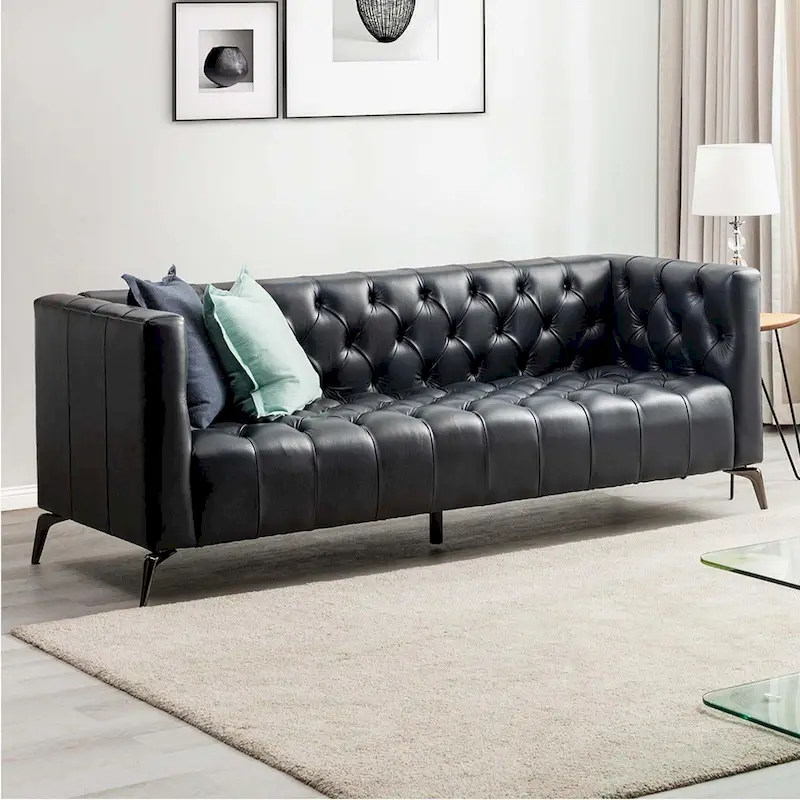 Transitional Genuine Leather Sofa with Metal Legs and Tufted Back