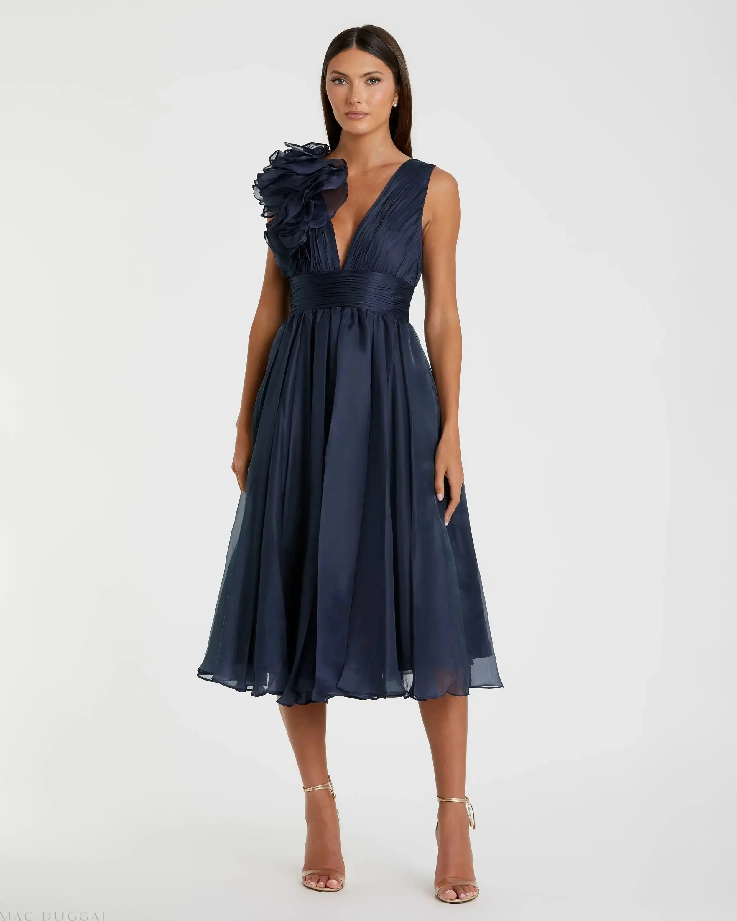 Navy Sleeveless Chiffon A-Line Tea Length Cocktail Dress
