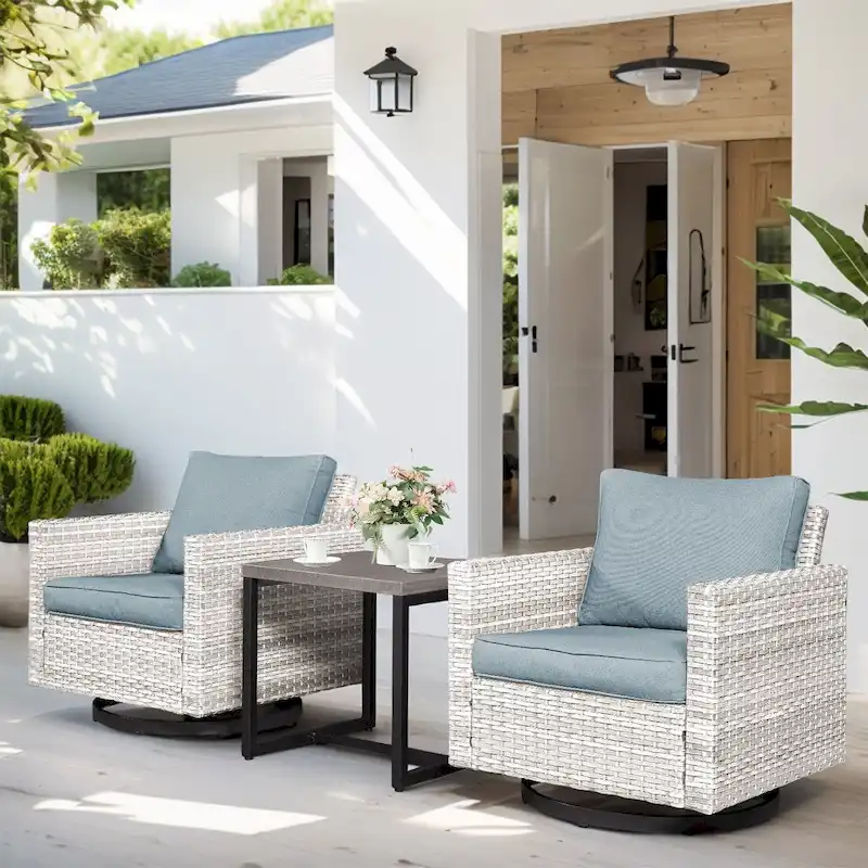 Outdoor Wicker Swivel Rocking Chairs with Table - Light Grey