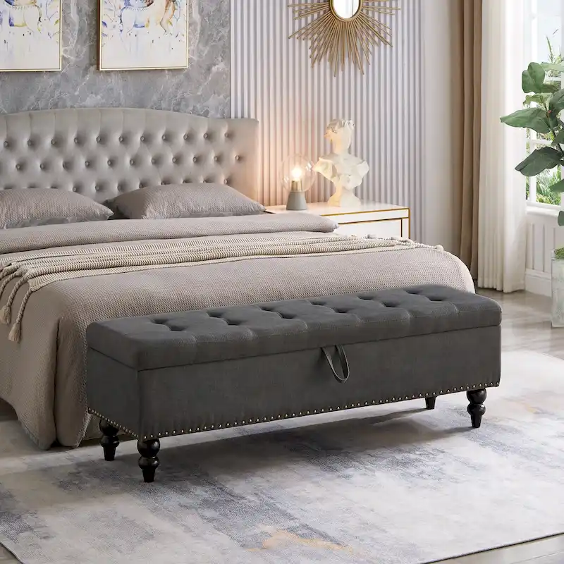 Storage Bench with Fabric Upholstery and Wood Legs