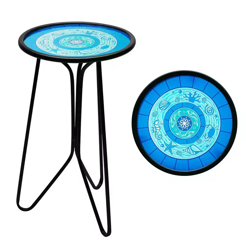 G128 12 All-Weather Outdoor Patio Round Glass Side Table, Ocean Pattern