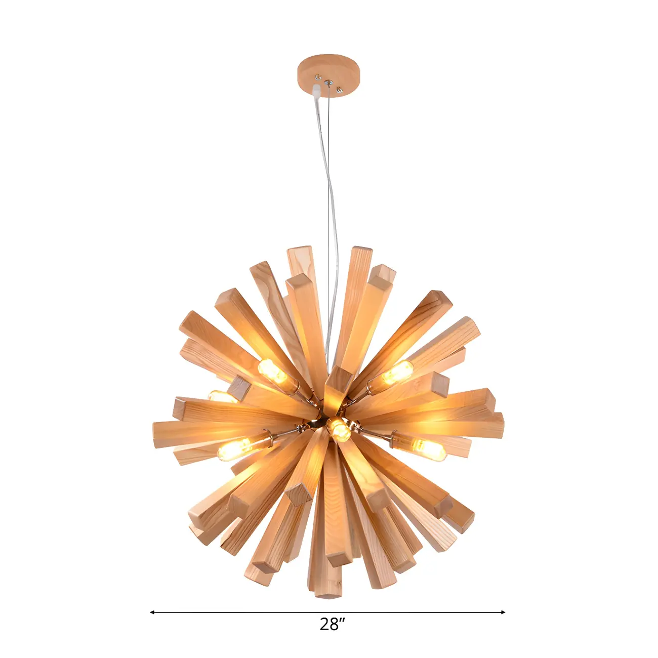 Mid-Century Modern Wood Starburst Chandelier Warm Light