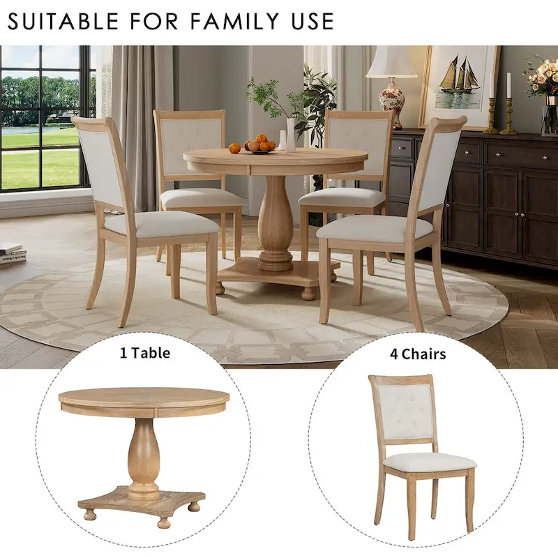 5 Piece Dining Table Set, Solid Wood Kitchen Dining Room Table Set with Round Dining Table and 4 Upholstered Chairs
