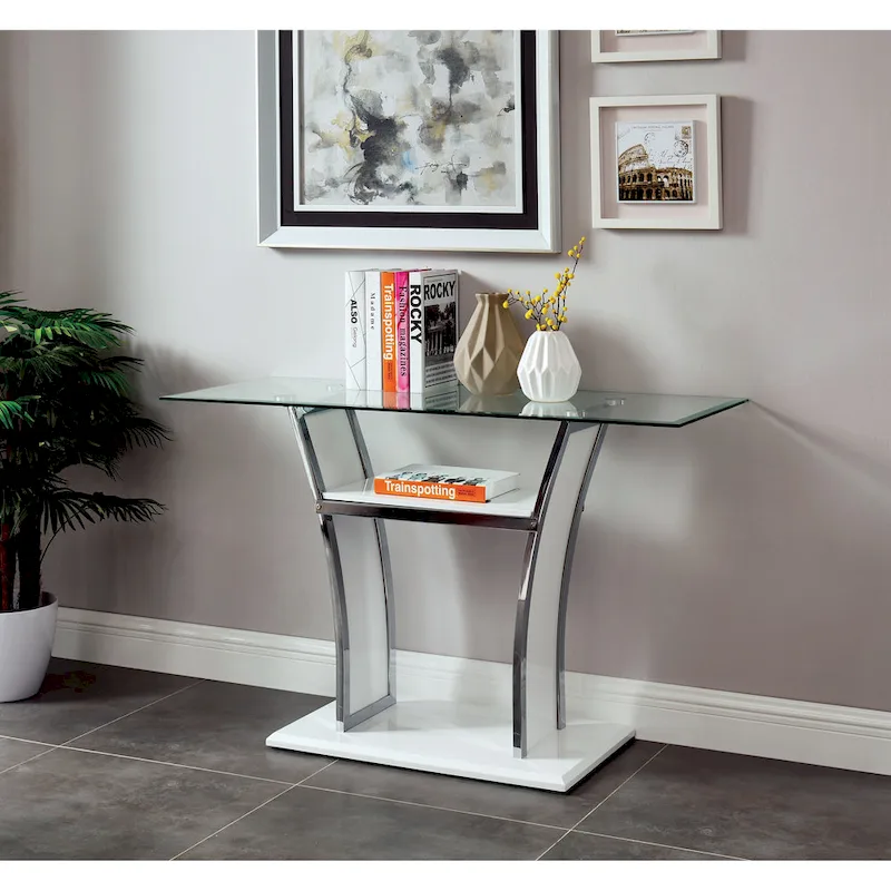 White/Black Modern 2-Shelf Tempered Glass Sofa Table