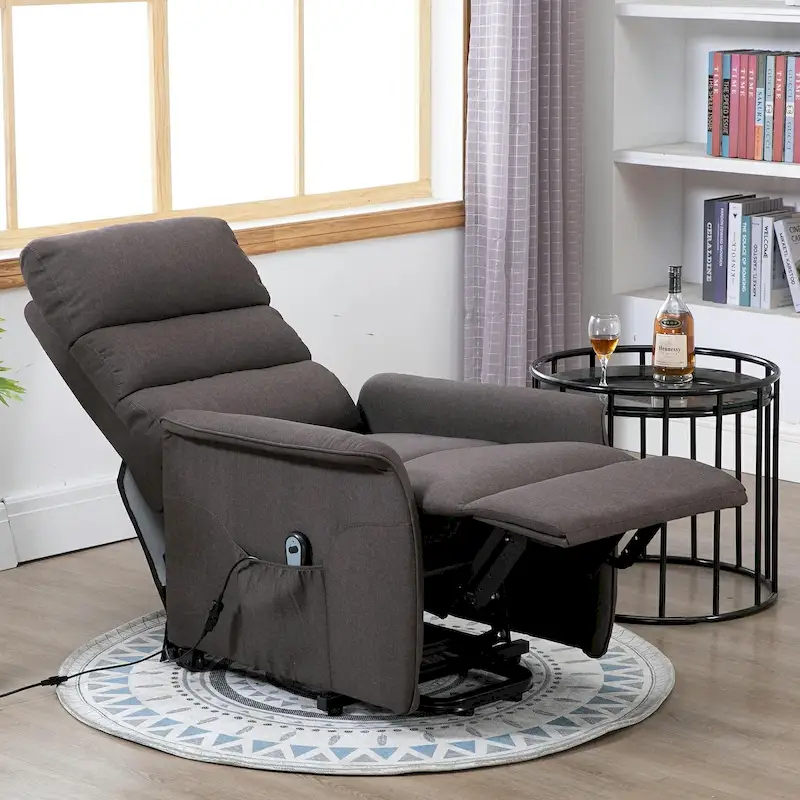 Power Lift Assist Recliner Chair with Remote Control & Linen Upholstery – Grey / Brown, Single