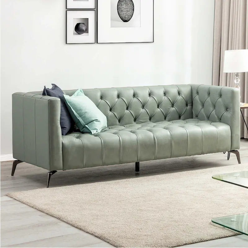 Transitional Genuine Leather Sofa with Metal Legs and Tufted Back