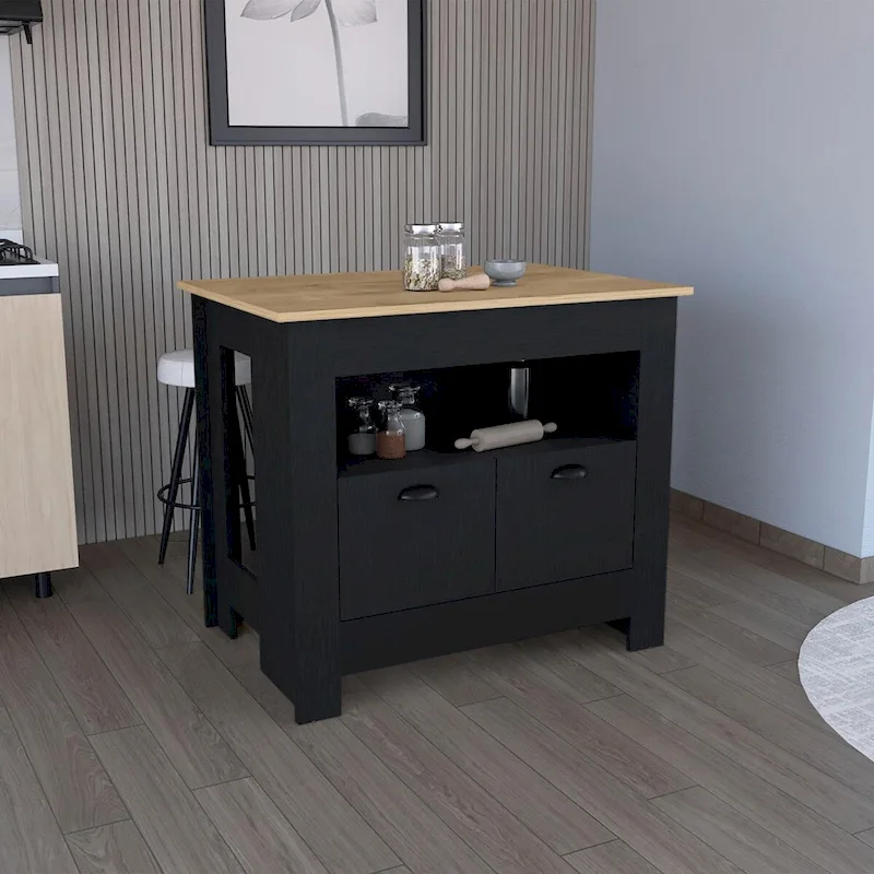 Black / White 2-Door Kitchen Island with Shelf — 1 Person
