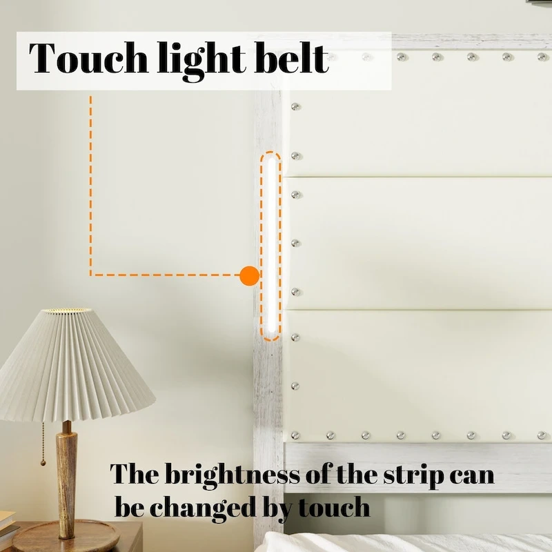 King Bed Frame with Headboard&Charging Station, 4 Drawers, LED Lights, Wood Slats, Faux Leather & Rivets, No Box Spring Needed