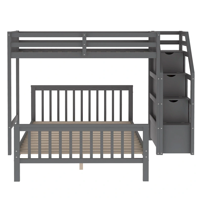 Twin Over Full Wood Loft Bed with Staircase,High Guardrails and Ladder