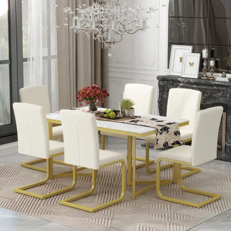 7-Piece Modern Dining Table Set, Rectangular Marble Sticker Table and 6 Chairs with Golden Steel Legs