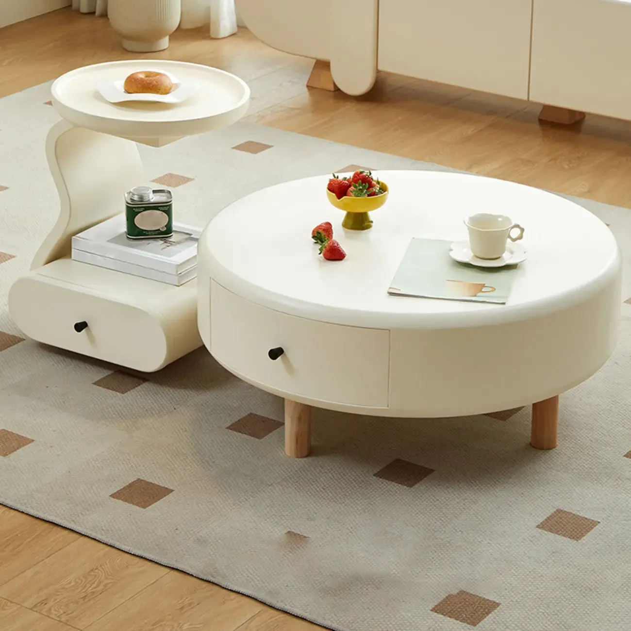 White Round Elegant Modern Wood Drawer Coffee Table