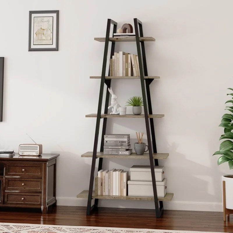5-Tier Industrial Bookshelf with Metal Frame