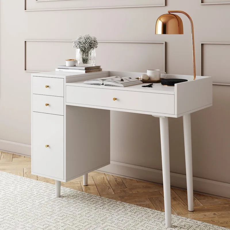 White / Rattan Vanity Desk with Drawers, Brass Knobs – 1 Person