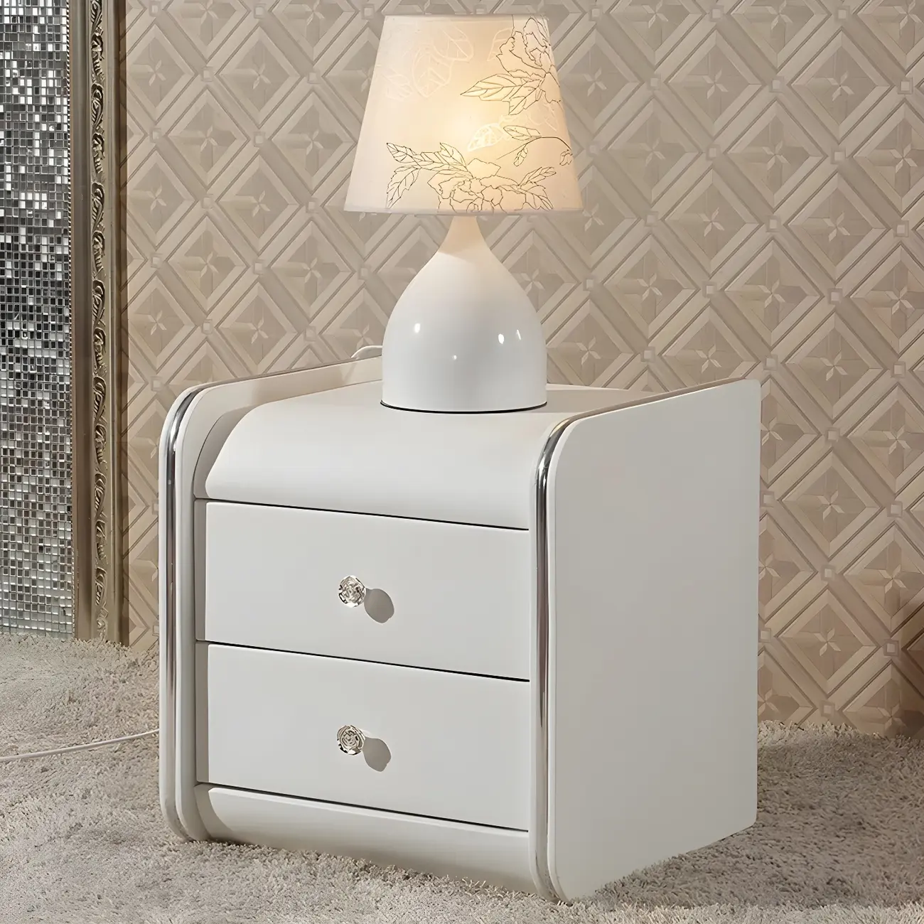 Luxurious Glossy Leather Wooden 2 Drawer Black Nightstand