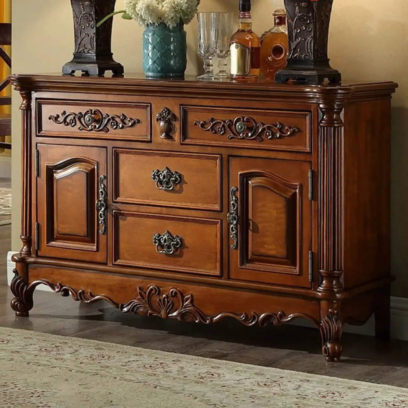 Traditional Brown Rubberwood Sideboard with Drawers