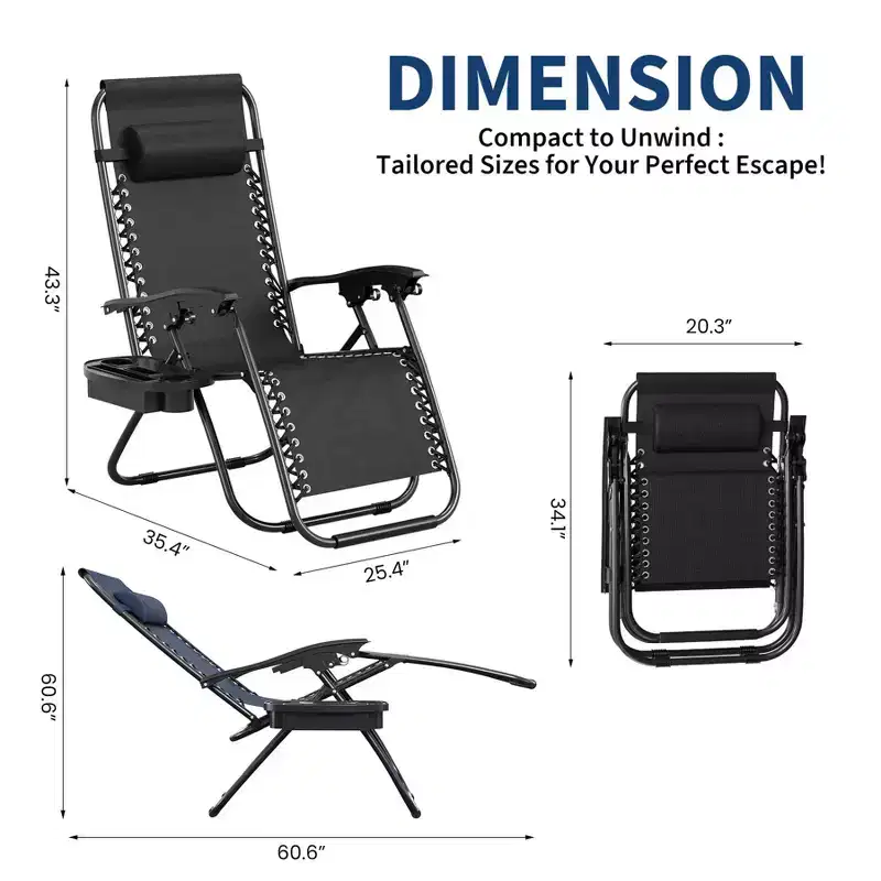 GustoWave Portable Folding Camping Chair Set of 2, Patio Lounge Chair Outdoor with Pillow & Cup Holder Tray