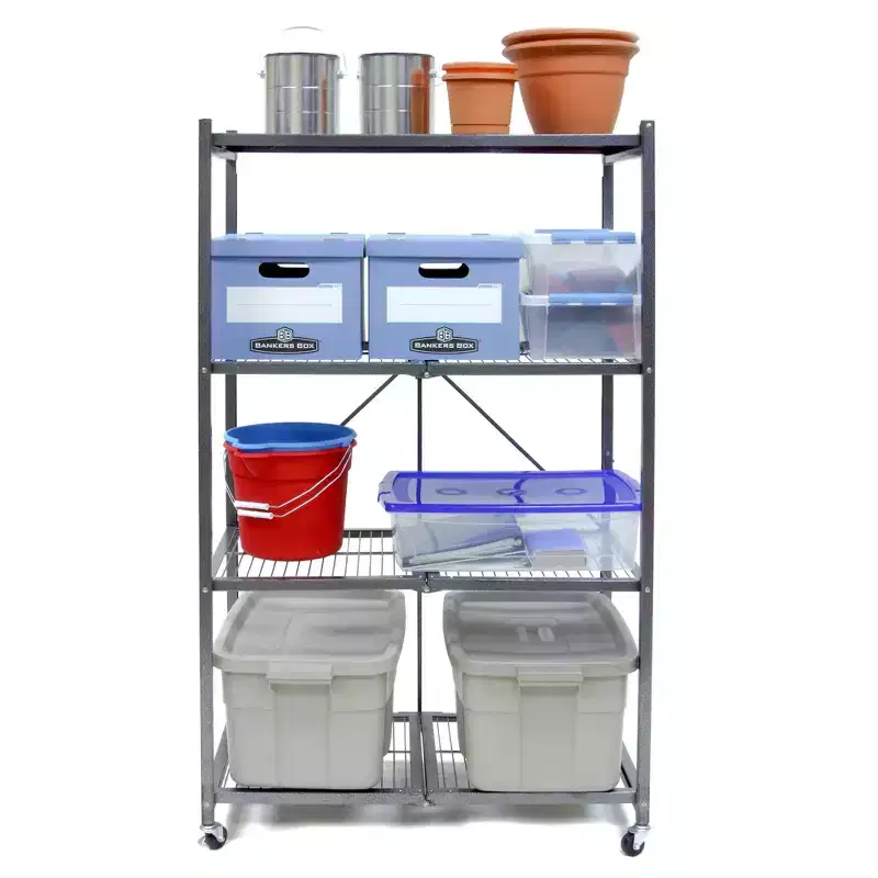 Origami R5 4 Tier Foldable Metal Storage Rack with Wheels, 1,000 Pound Capacity for Kitchen, Garage, or Garden Storage, Pewter, Certified Refurbished
