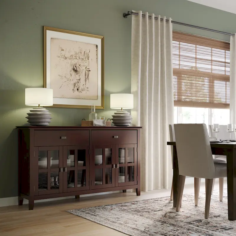 Russet Brown / Dark Chestnut Brown / Black Solid Pine Wood 4-Door Sideboard Buffet with Glass Panels – Single Unit